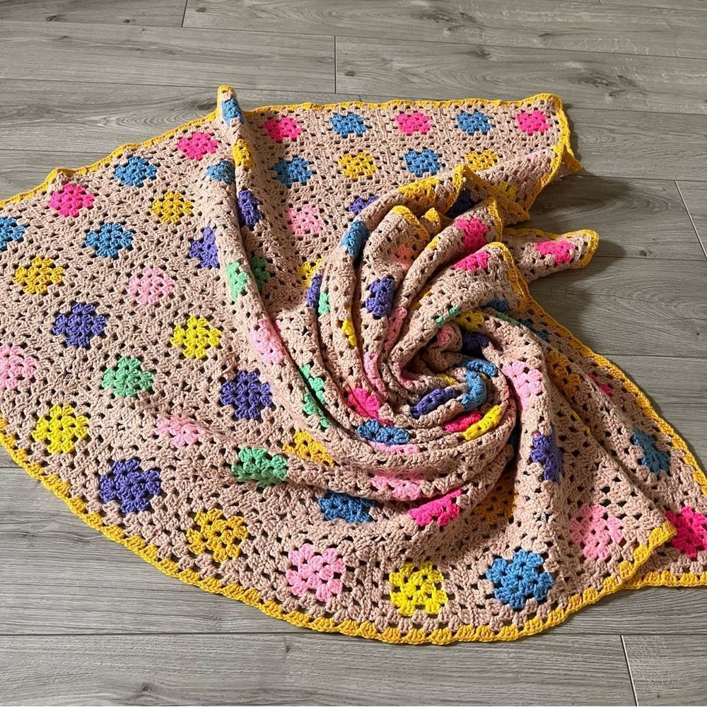 Hand Crochet Granny Square Blanket Tan Yellow Pink Blue